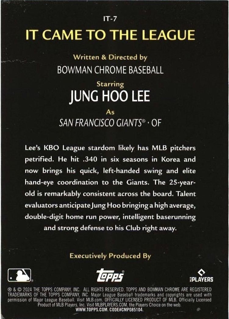 2024 Bowman Chrome Jung Hoo Lee #IT-7 baseball trading card back
