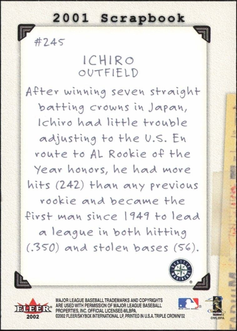 2002 Fleer Triple Crown Ichiro Suzuki #245 baseball trading card back