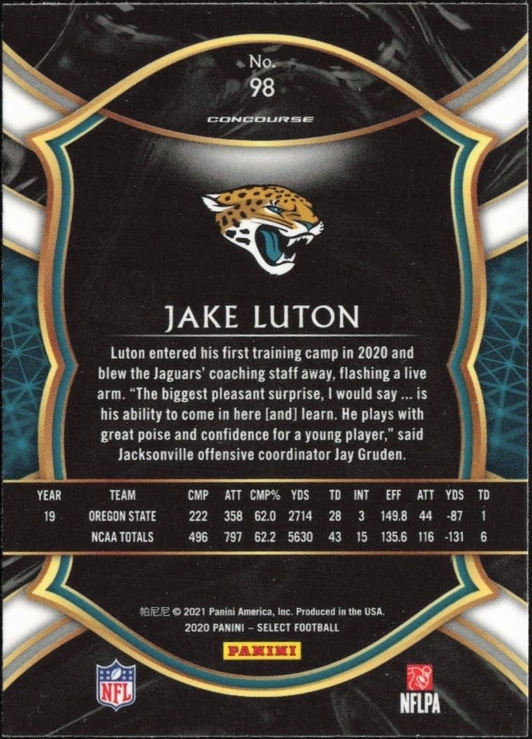 2020 Panini Select Jake Luton #98 football trading card back