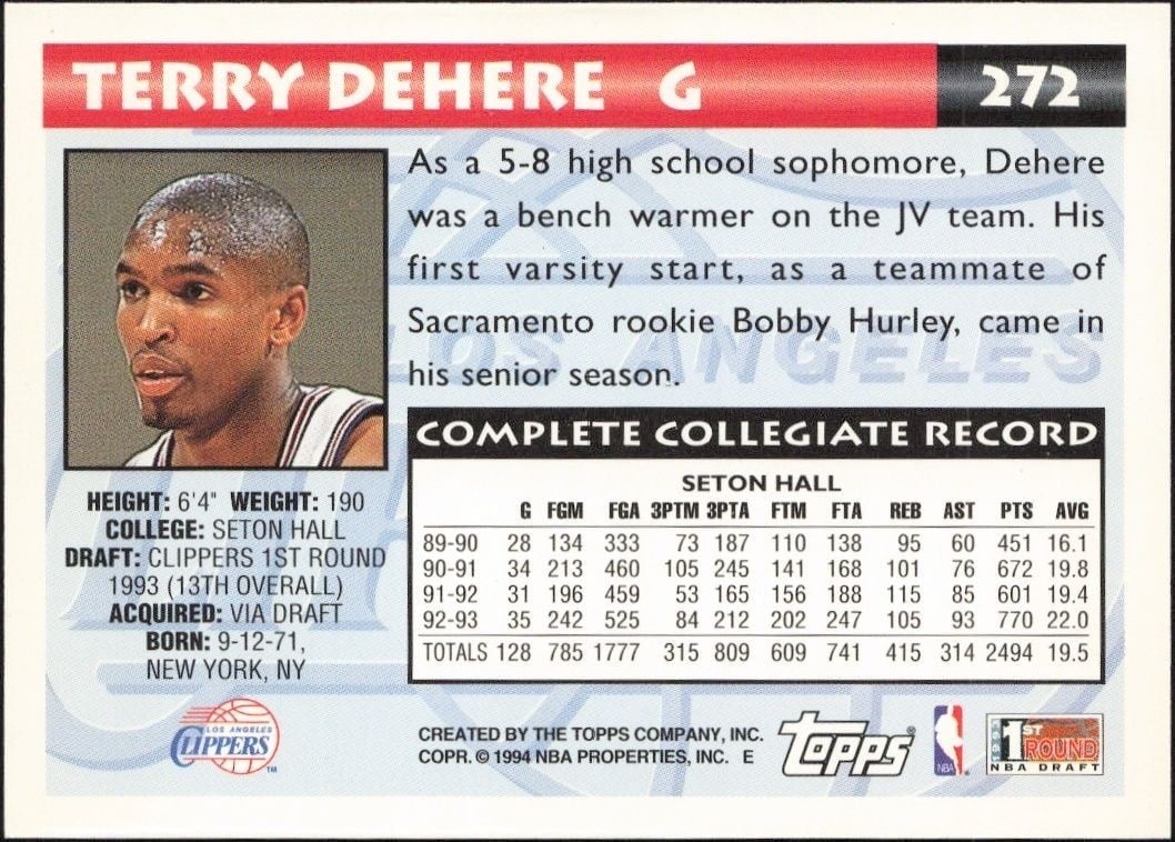 1993-94 Topps Terry Dehere #272 basketball trading card back