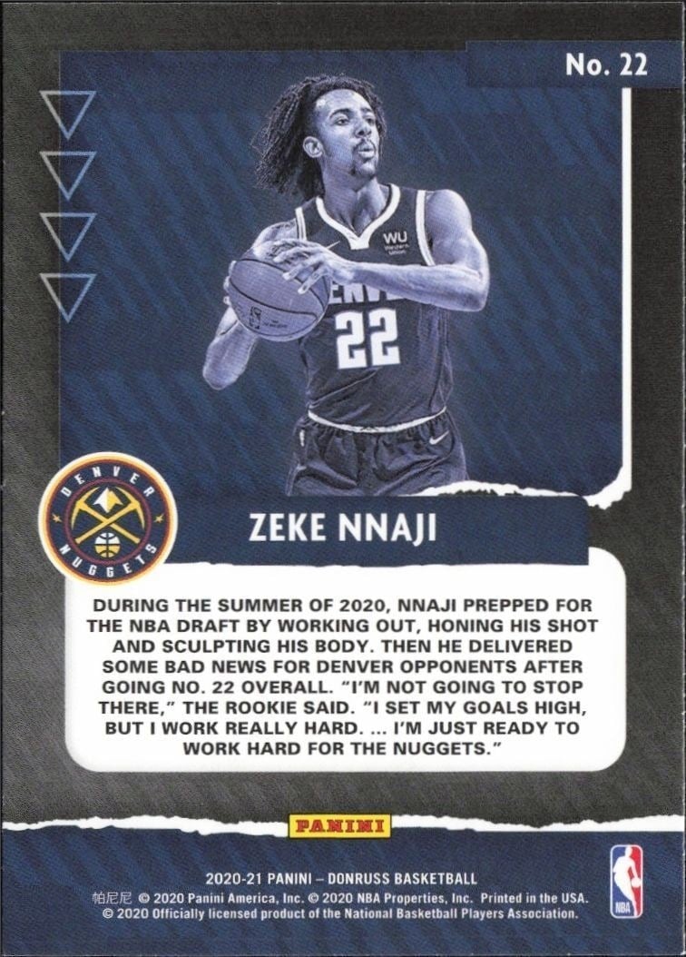 2020-21 Panini Donruss Zeke Nnaji #22 basketball trading card back