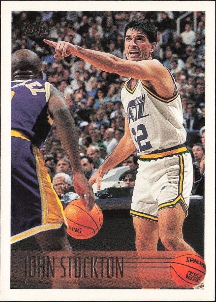 John Stockton 1996-97 Topps #65 Basketball Trading Card - Front 1996-97 Topps John Stockton #65 basketball trading card front