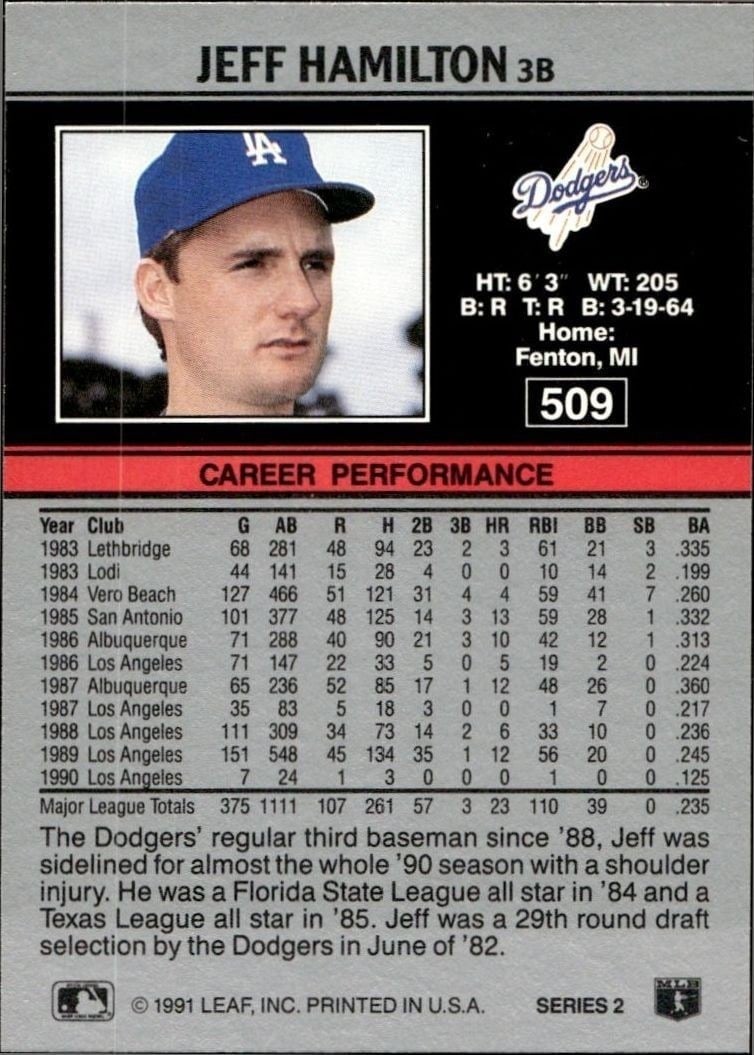 1991 Leaf Jeff Hamilton #509 baseball trading card back