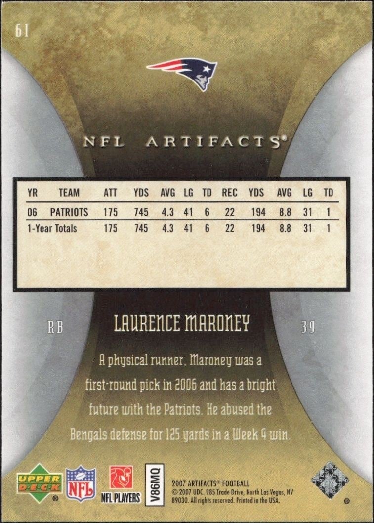 2007 Upper Deck Artifacts Laurence Maroney #61 football trading card back