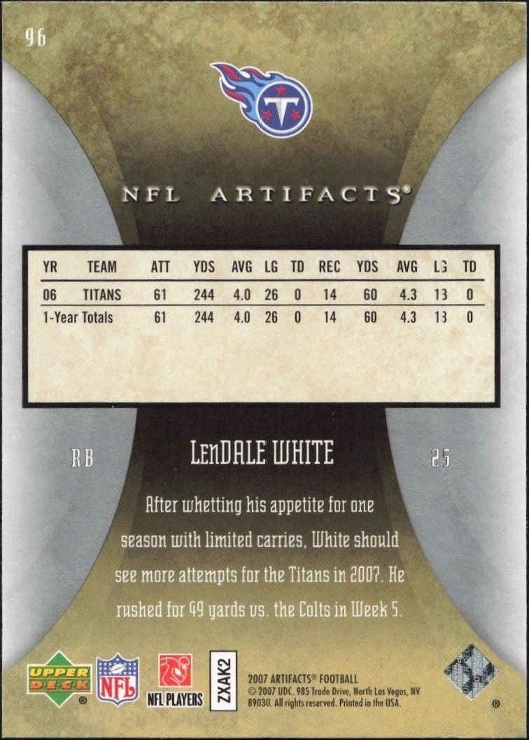 2007 Upper Deck Artifacts LenDale White #96 football trading card back