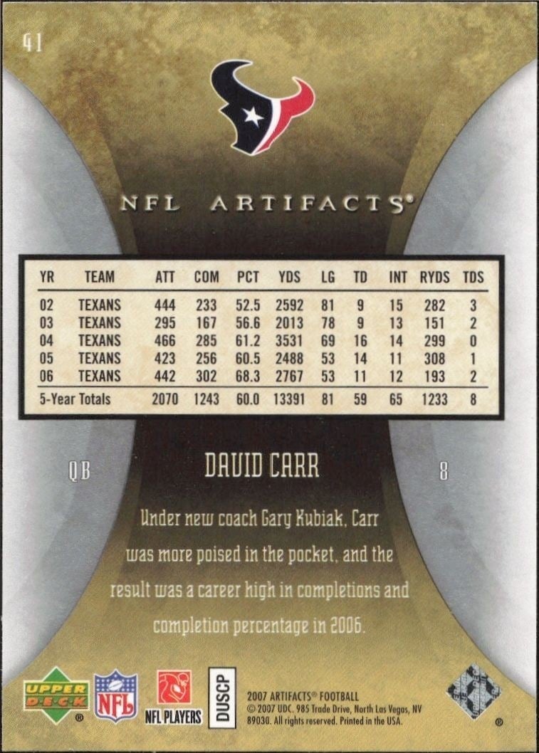 2007 Upper Deck Artifacts David Carr #41 football trading card back