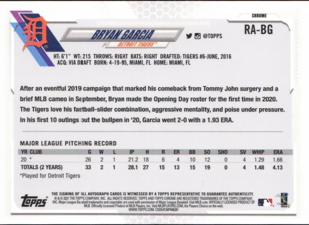 2021 Topps Chrome Bryan Garcia #RA-BG baseball trading card back