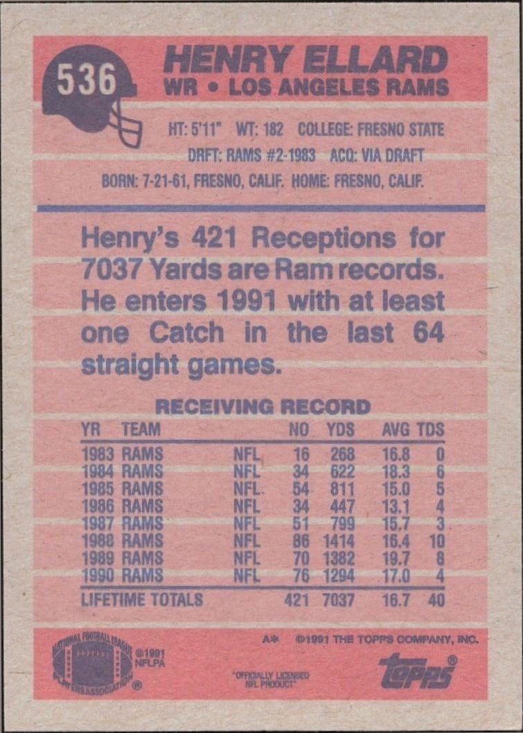 1991 Topps Henry Ellard #536 football trading card back