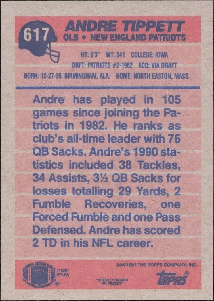 1991 Topps Andre Tippett #617 football trading card back