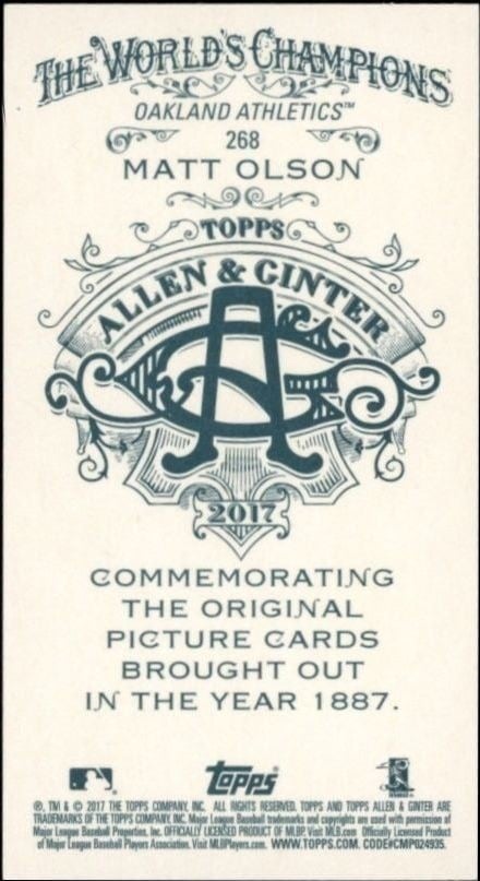 2017 Topps Allen & Ginter Matt Olson #268 baseball trading card back