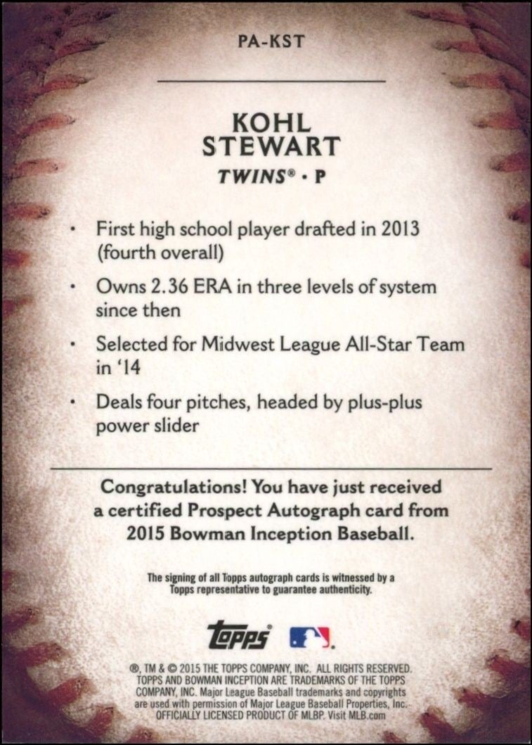 2015 Bowman Inception Kohl Stewart #PA-KST baseball trading card back