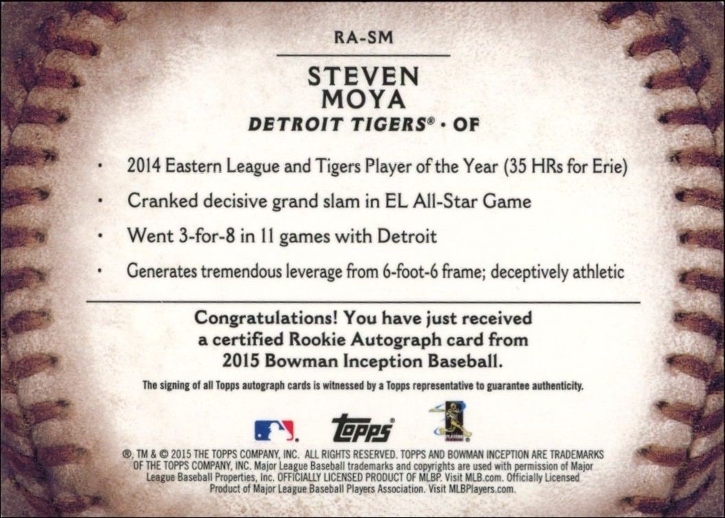 2015 Bowman Inception Steven Moya #RA-SM baseball trading card back