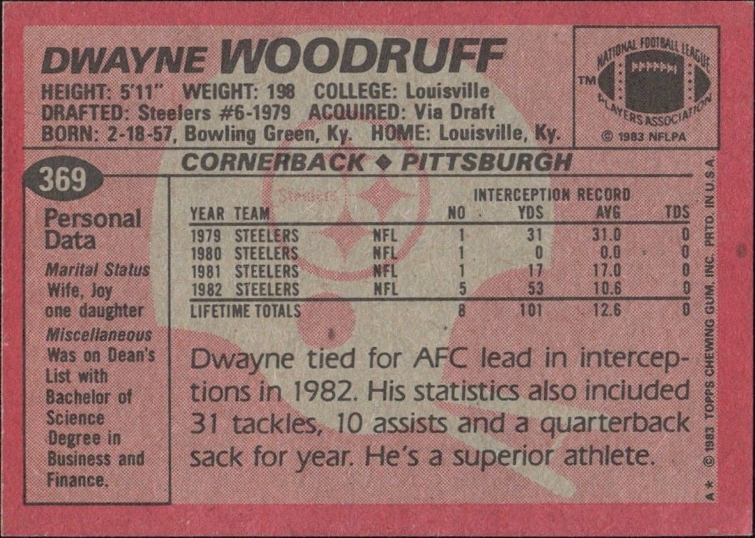 1983 Topps Dwayne Woodruff #369 football trading card back