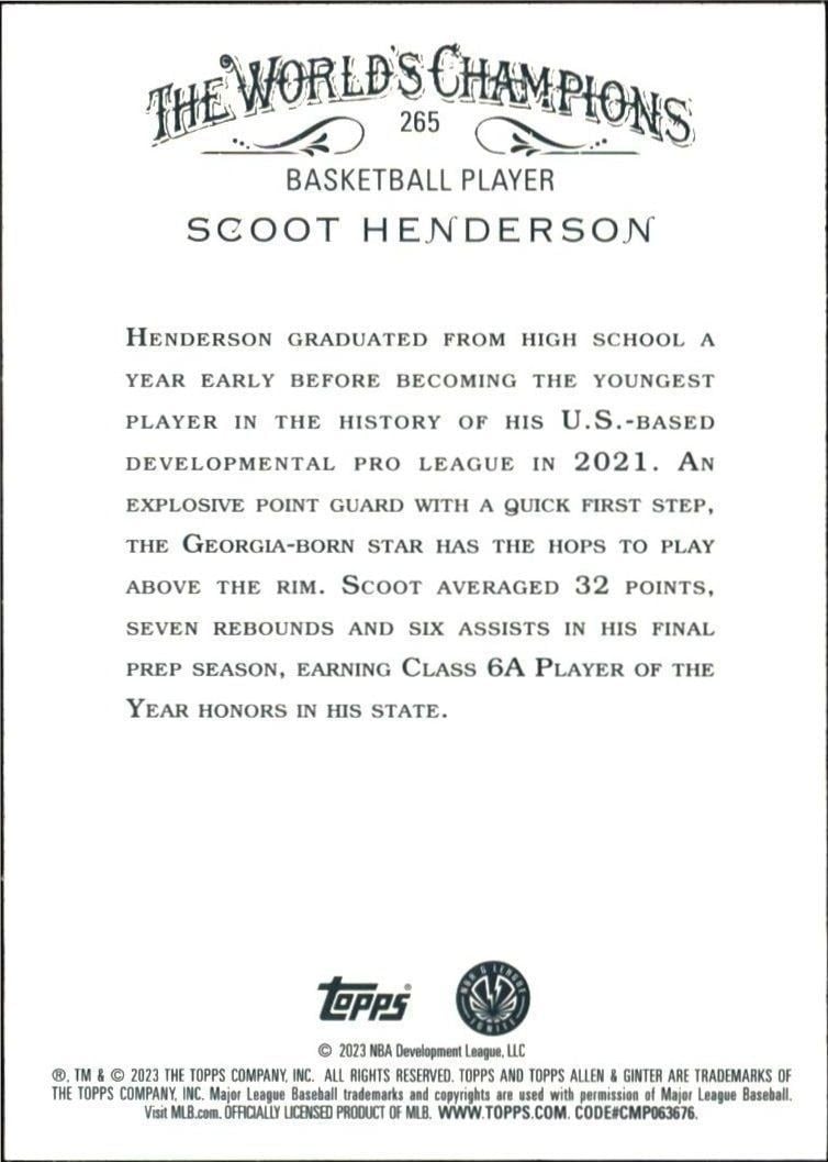 2023 Topps Allen & Ginter Scoot Henderson #265 baseball trading card back