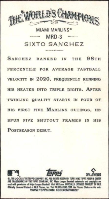 2021 Topps Allen & Ginter Sixto Sanchez #MRD-3 baseball trading card back