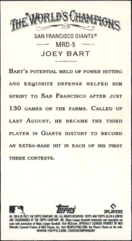 2021 Topps Allen & Ginter Joey Bart #MRD-5 baseball trading card back