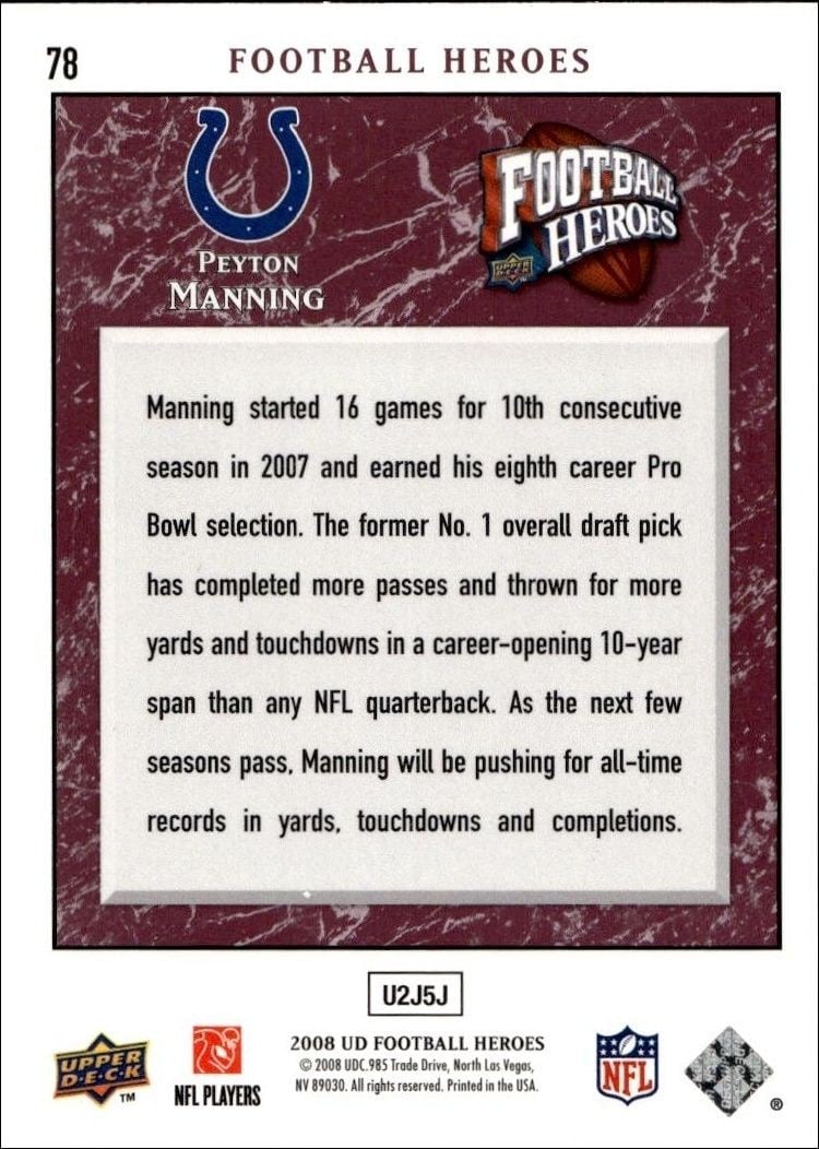 2008 Upper Deck Peyton Manning #78 football trading card back