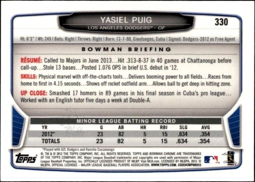 2013 Bowman Chrome Yasiel Puig #330 baseball trading card back