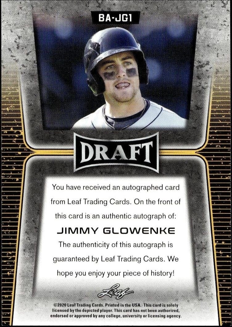 2020 Leaf Draft Jimmy Glowenke #BA-JG1 baseball trading card back