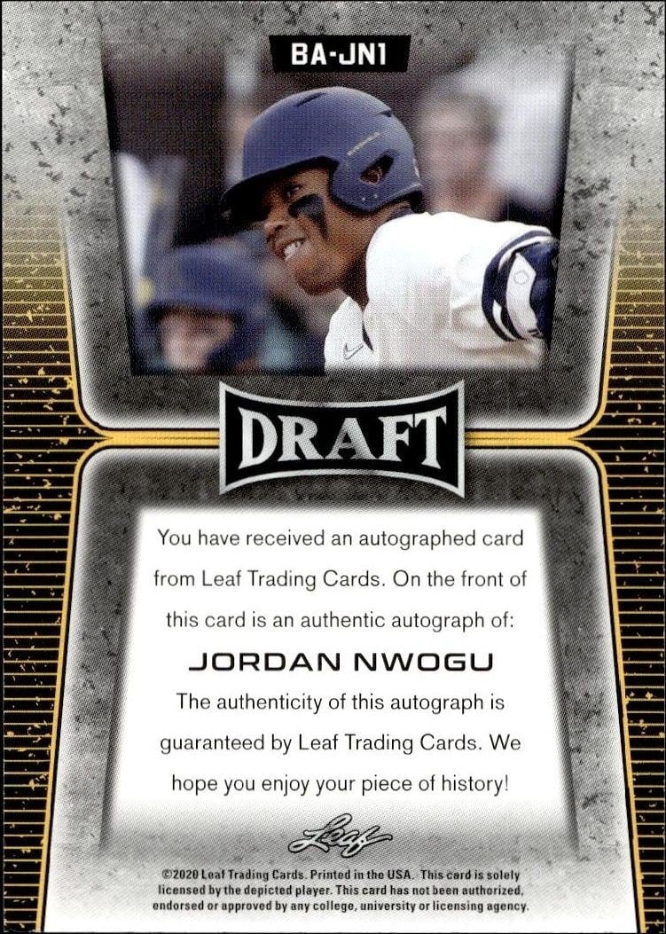 2020 Leaf Draft Jordan Nwogu #BA-JN1 baseball trading card back