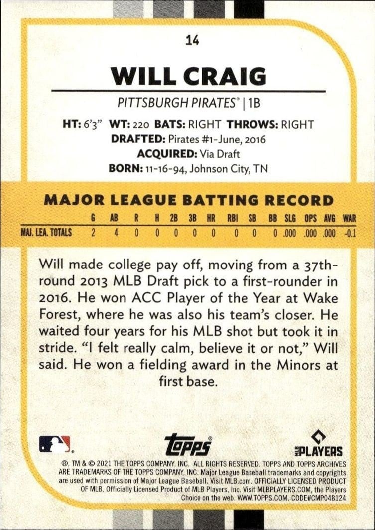 2021 Topps Archives Snapshots Will Craig #14 baseball trading card back