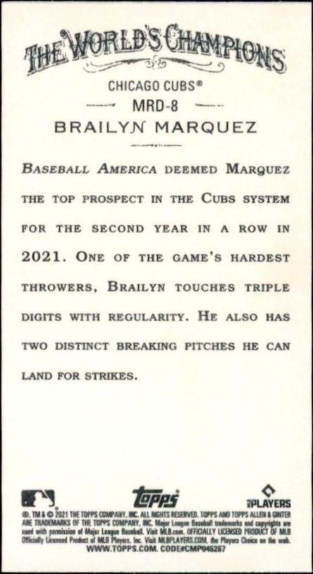 2021 Topps Allen & Ginter Brailyn Marquez #MRD-8 baseball trading card back