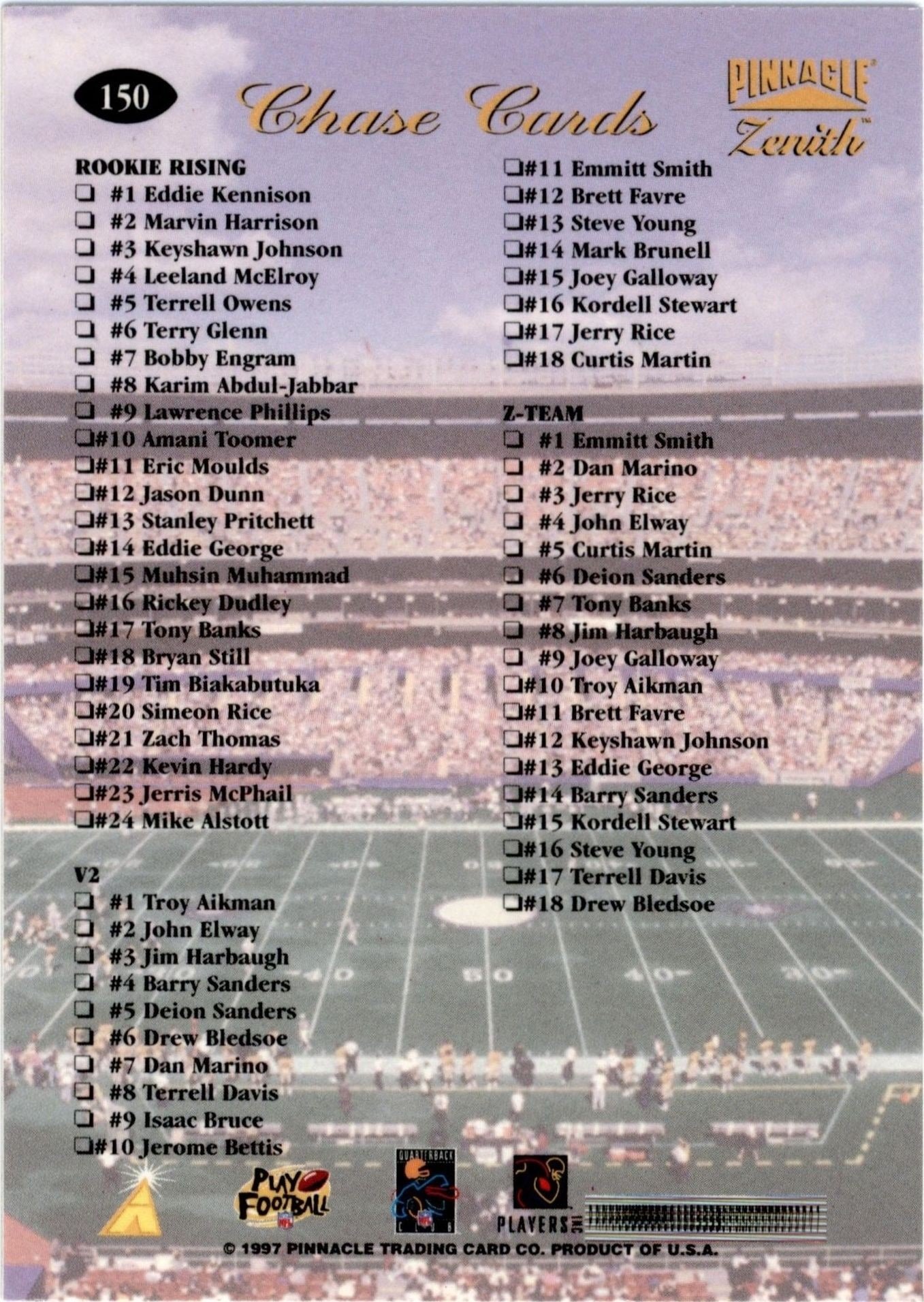 1997 Pinnacle Zenith Dan Marino #150 football trading card back