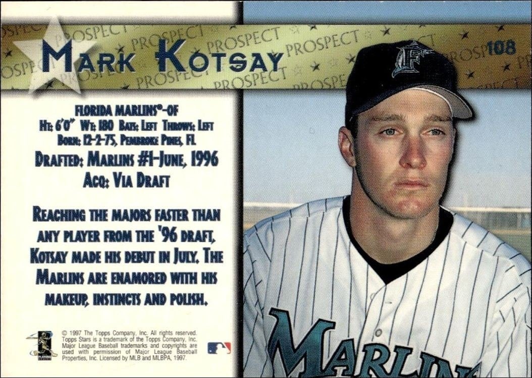 1997 Topps Stars Mark Kotsay #108 baseball trading card back