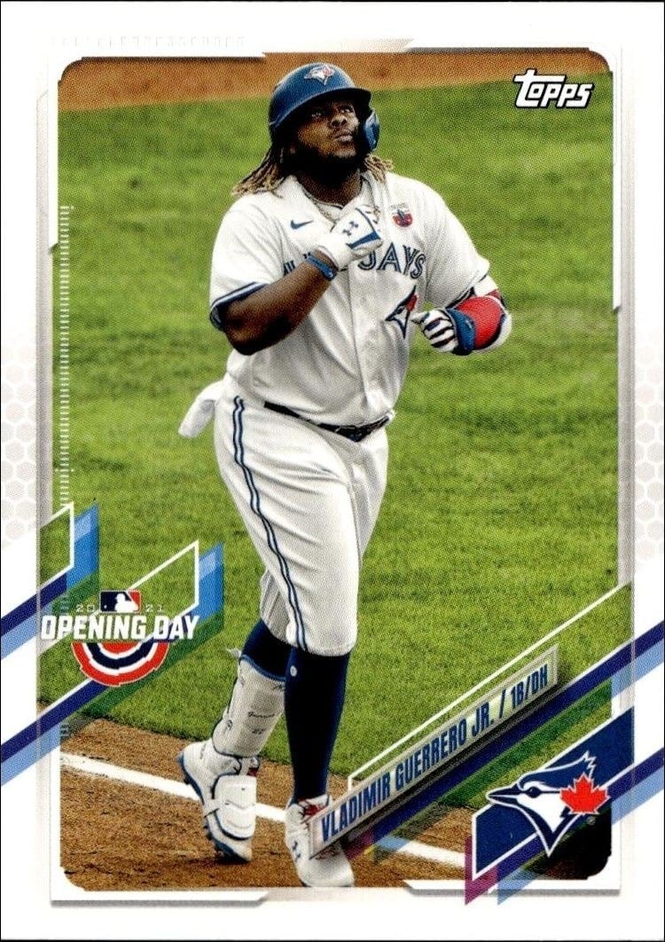 Vladimir Guerrero Jr. 2021 Topps Opening Day #141 Baseball Trading Card - Front 2021 Topps Opening Day Vladimir Guerrero Jr. #141 baseball trading card front