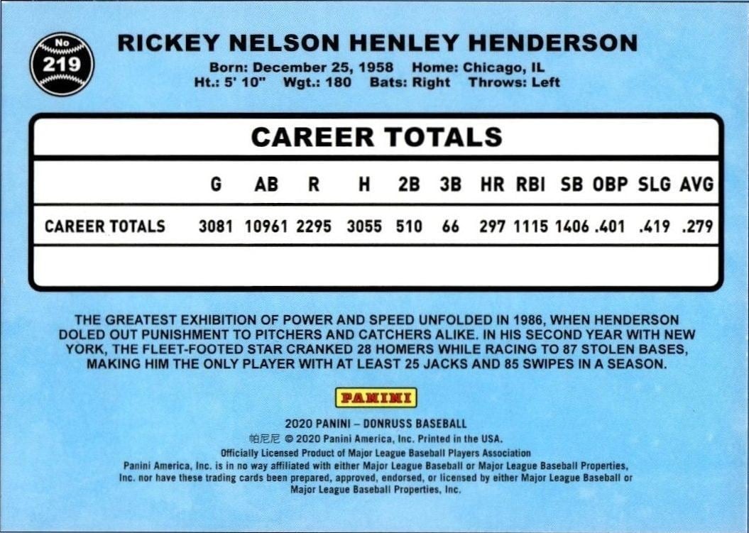 2020 Panini Donruss Rickey Henderson #219 baseball trading card back