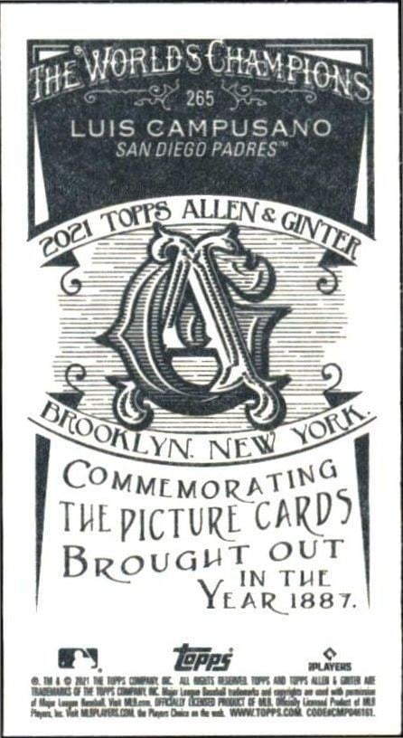 2021 Topps Allen & Ginter Luis Campusano #265 baseball trading card back