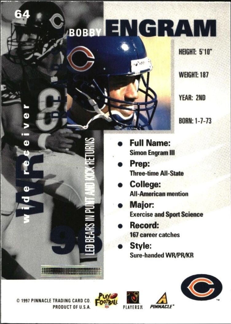 1997 Pinnacle Inside Bobby Engram #64 football trading card back