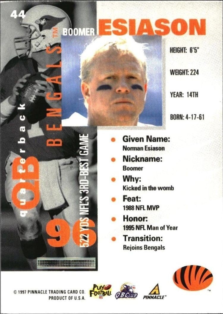 1997 Pinnacle Inside Boomer Esiason #44 football trading card back