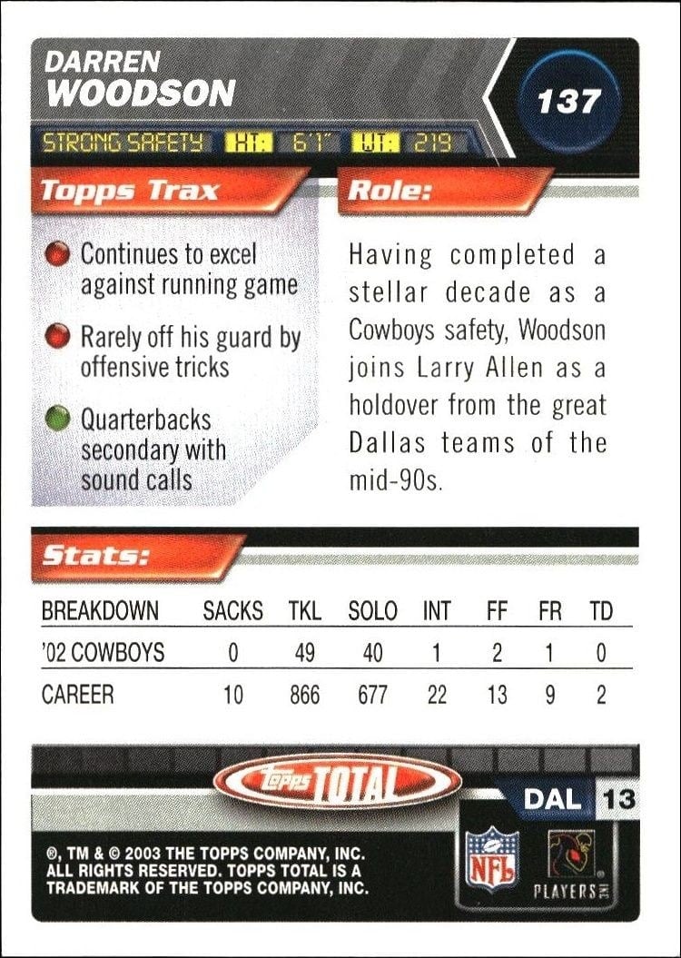 2003 Topps Total Darren Woodson #137 football trading card back