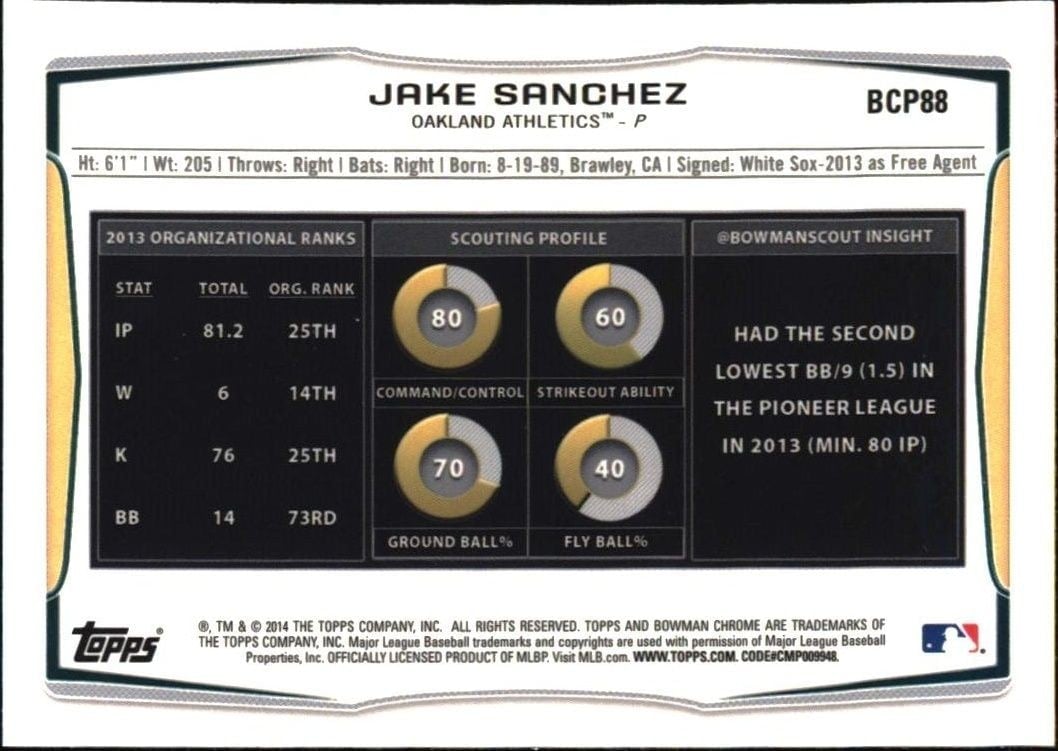 2014 Bowman Jake Sanchez #BCP88 baseball trading card back