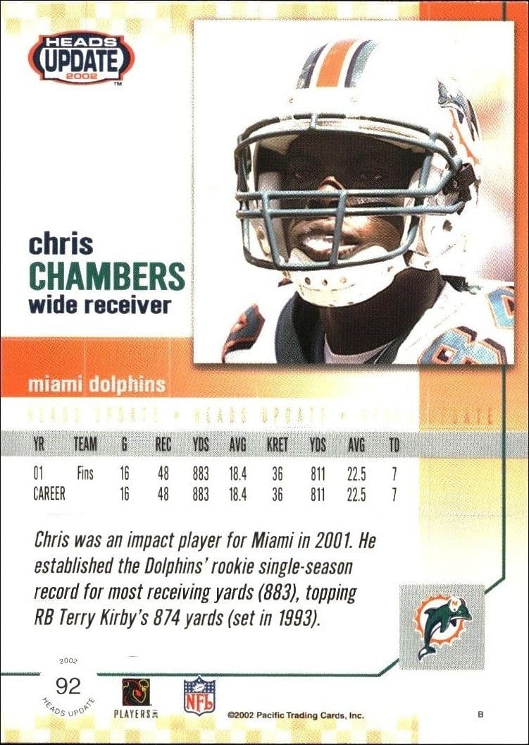 2002 Pacific Heads Update Chris Chambers #92 football trading card back