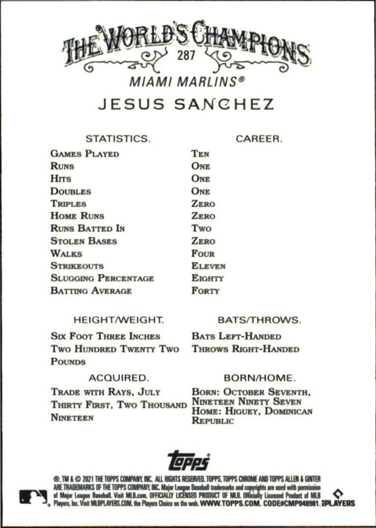 2021 Topps Allen & Ginter Chrome Jesus Sanchez #287 baseball trading card back