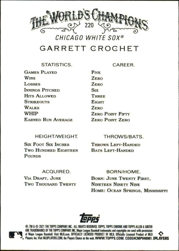2021 Topps Allen & Ginter Chrome Garrett Crochet #220 baseball trading card back