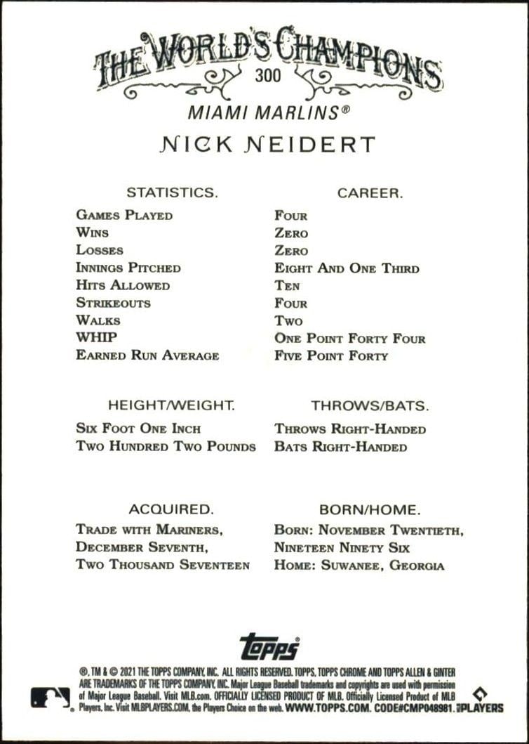 2021 Topps Allen & Ginter Chrome Nick Neidert #300 baseball trading card back