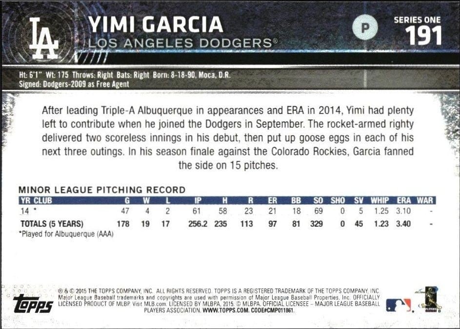2015 Topps Yimi Garcia #191 baseball trading card back