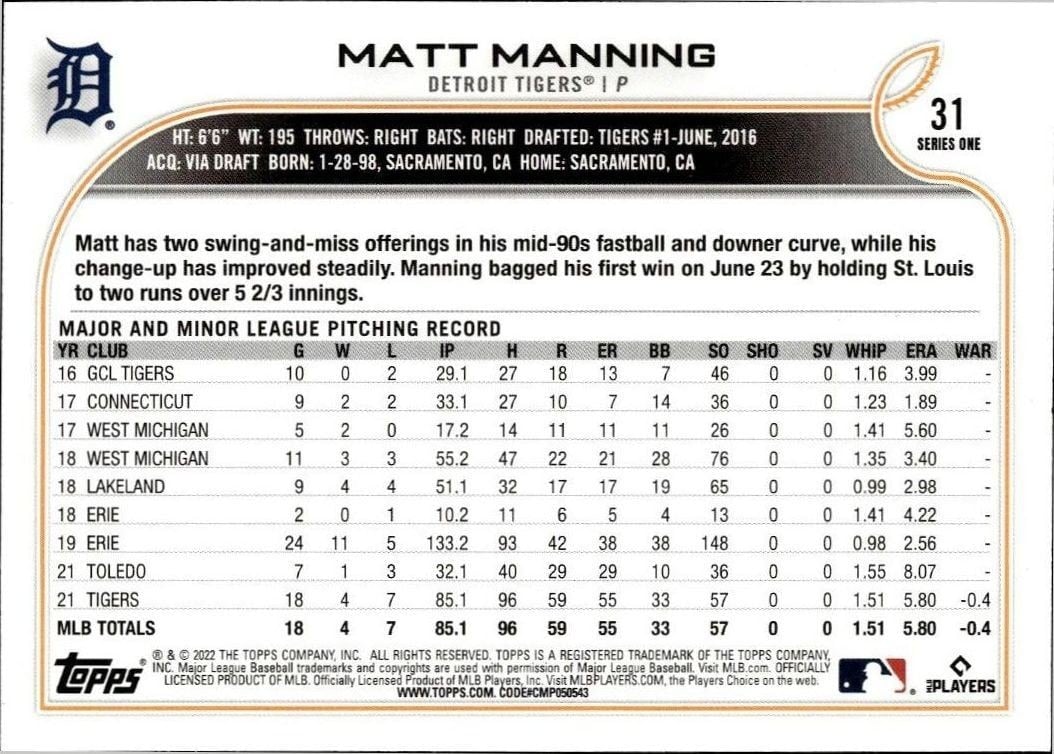 2022 Topps Matt Manning #31B baseball trading card back