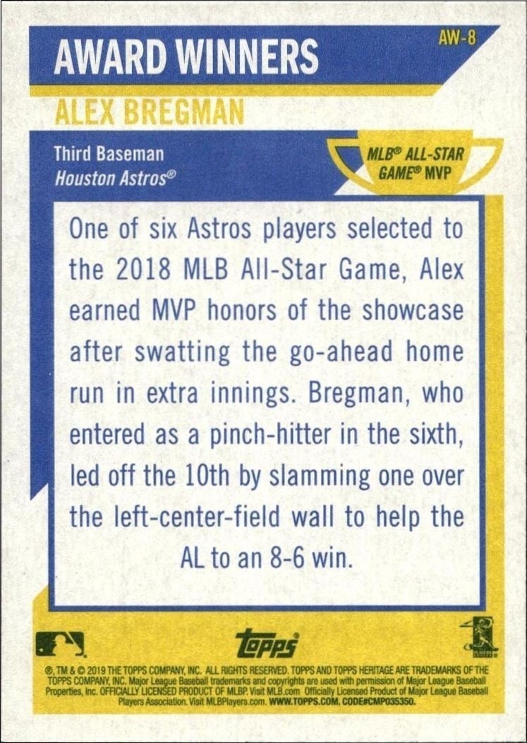 2019 Topps Heritage Alex Bregman #AW-8 baseball trading card back