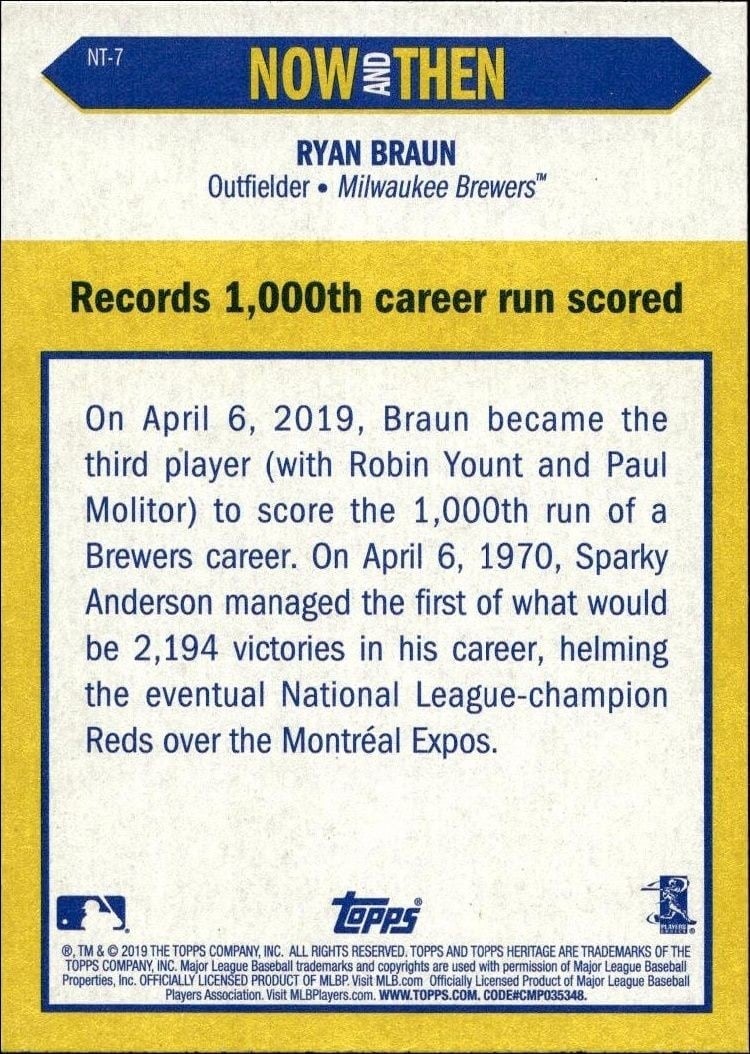 2019 Topps Heritage Ryan Braun #NT-7 baseball trading card back
