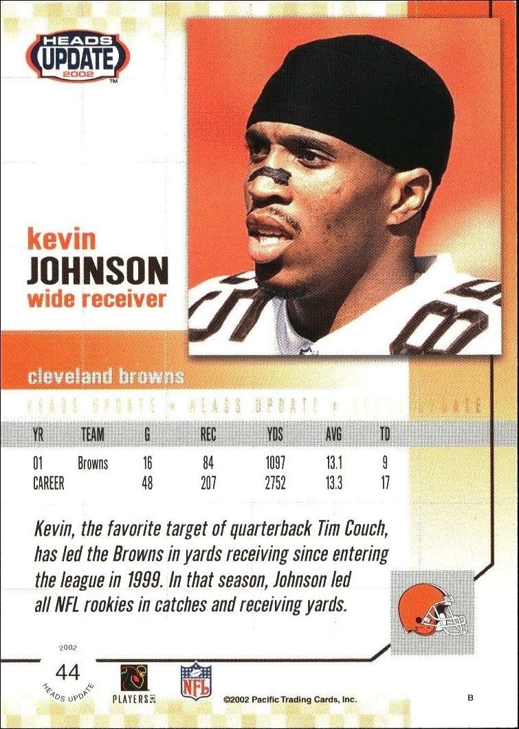 2002 Pacific Heads Update Kevin Johnson #44 football trading card back