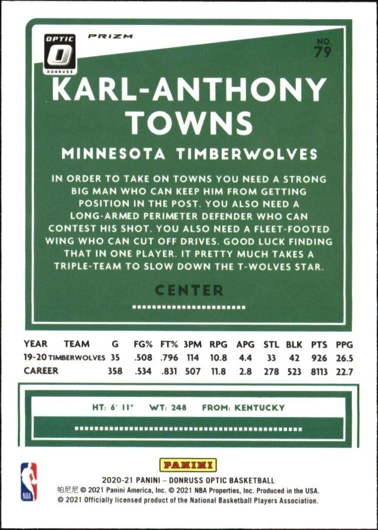 2020-21 Panini Donruss Optic Karl-Anthony Towns #79 basketball trading card back