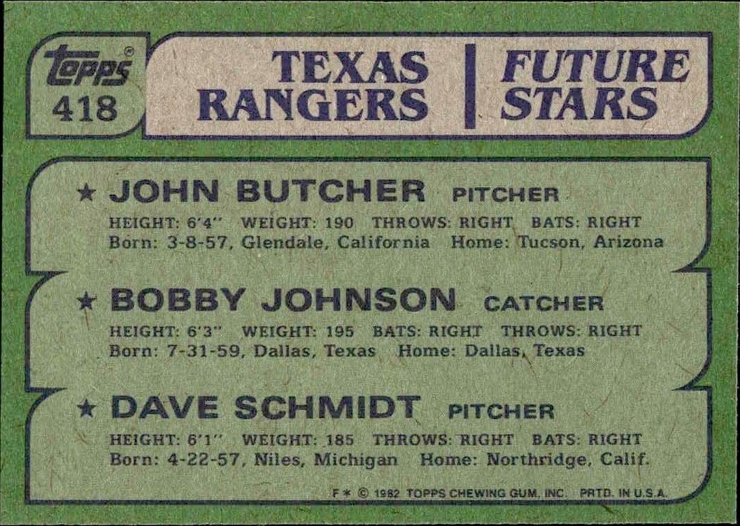 1982 Topps John Butcher #418 baseball trading card back