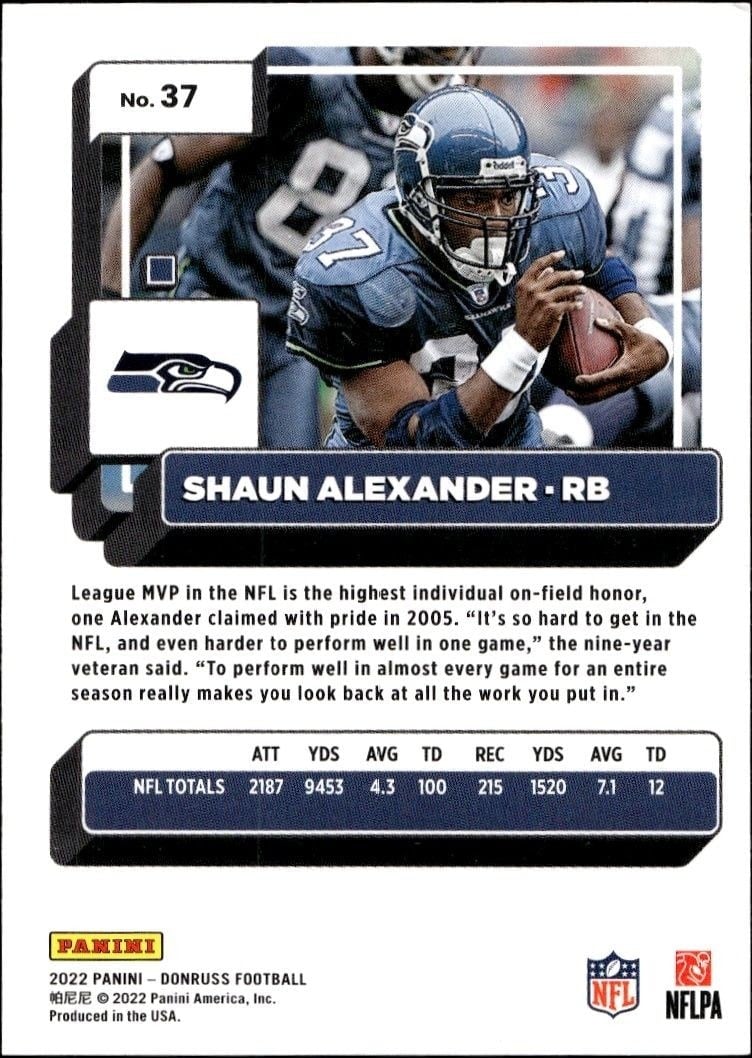 2022 Panini Donruss Shaun Alexander #37 football trading card back