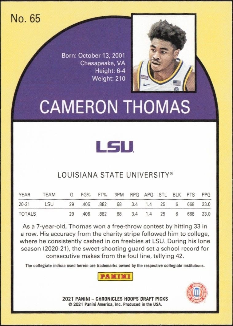 2021-22 Panini Chronicles Draft Picks Cameron Thomas #65 basketball trading card back