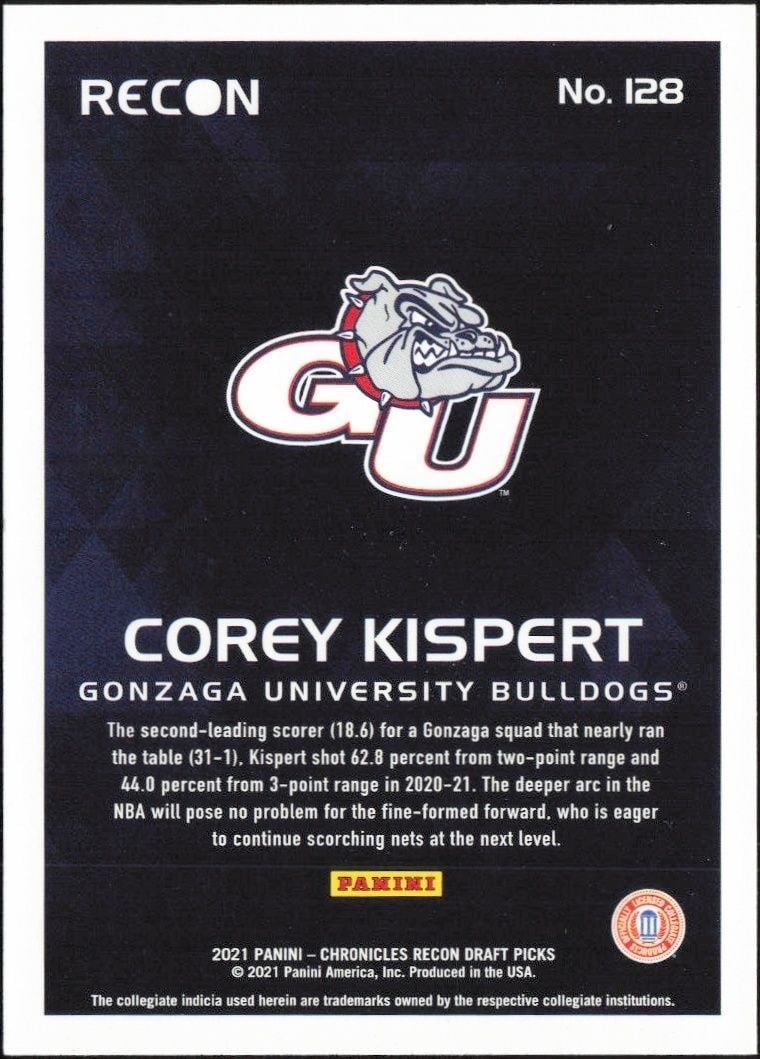 2021-22 Panini Chronicles Draft Picks Corey Kispert #128 basketball trading card back