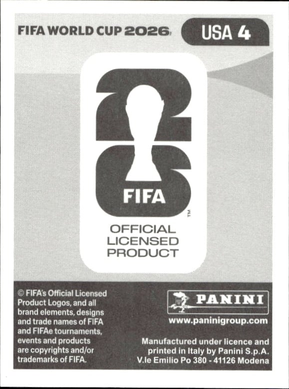 2026 Panini Fifa World Cup Tim Ream #USA 4 soccer trading card back
